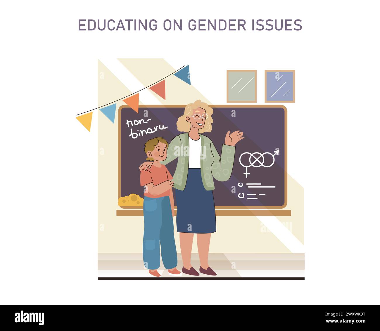 Educating on Gender Issues concept. A nurturing educational scene where knowledge about gender diversity is shared with the younger generation. Stock Vector