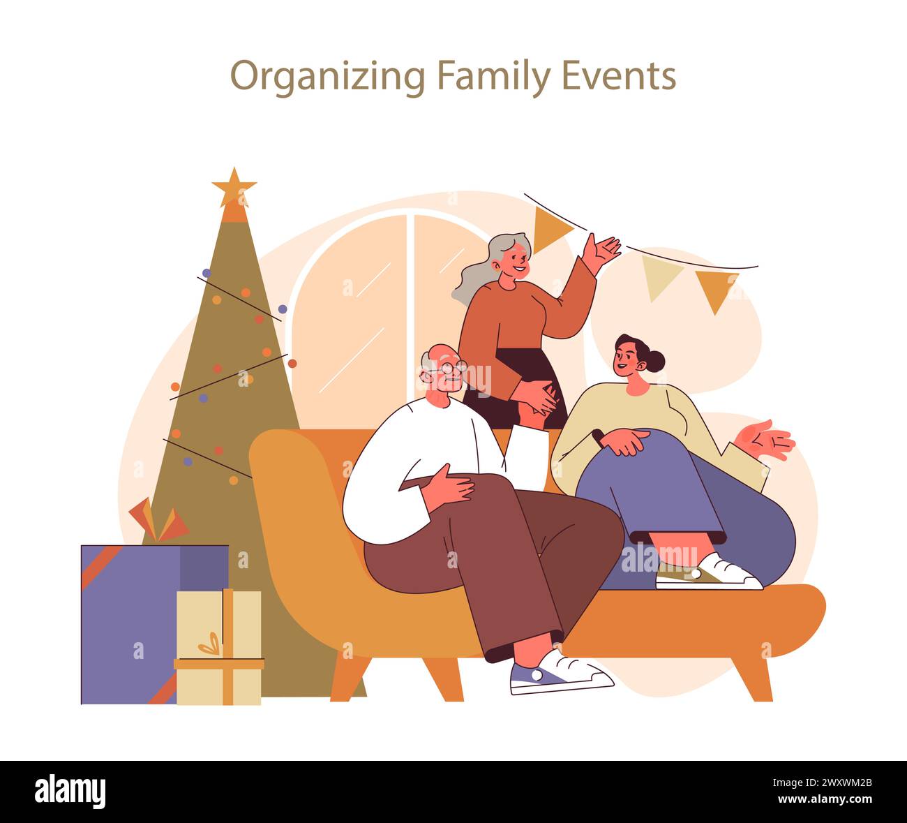 Organizing family events concept. Warm-hearted seniors preparing a festive home gathering, embodying the holiday spirit. Celebrating togetherness during special occasions. Stock Vector