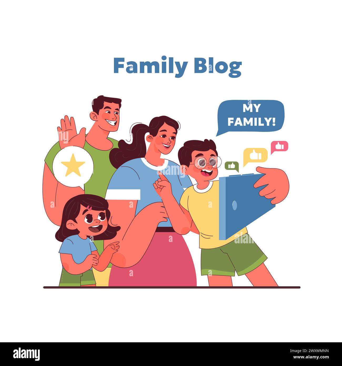 Joyful family blog concept. People exploring internet possibilities. Cheerful family shares their life online, engaging with digital audience. Candid moments and genuine smiles. Vector illustration Stock Vector