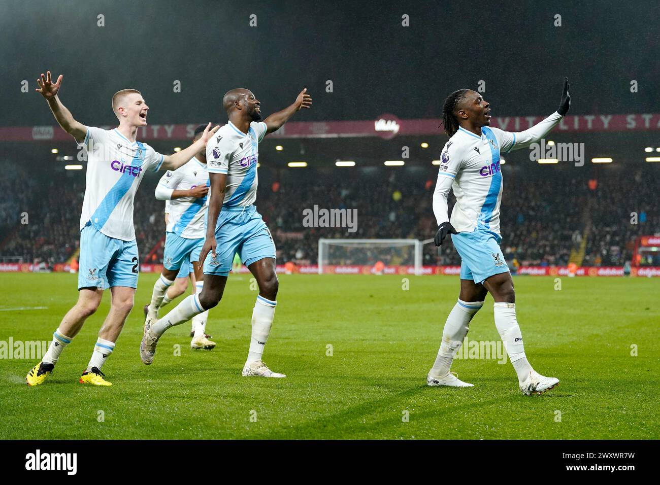 Crystal Palace's Eberechi Eze (right) celebrates scoring the opening goal of the game before being ruled out by VAR during the Premier League match at the Vitality Stadium, Bournemouth. Picture date: Tuesday April 2, 2024. Stock Photo