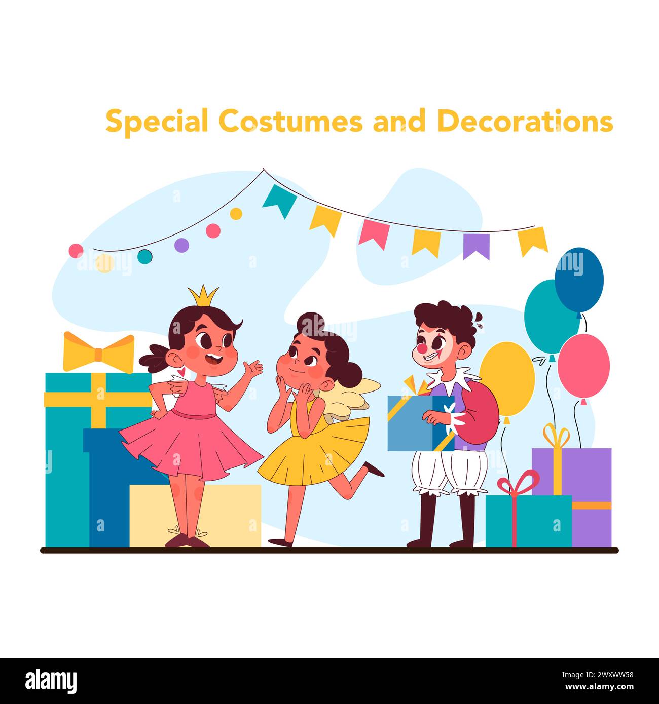 Special costumes and decorations concept. Children in festive attire ...