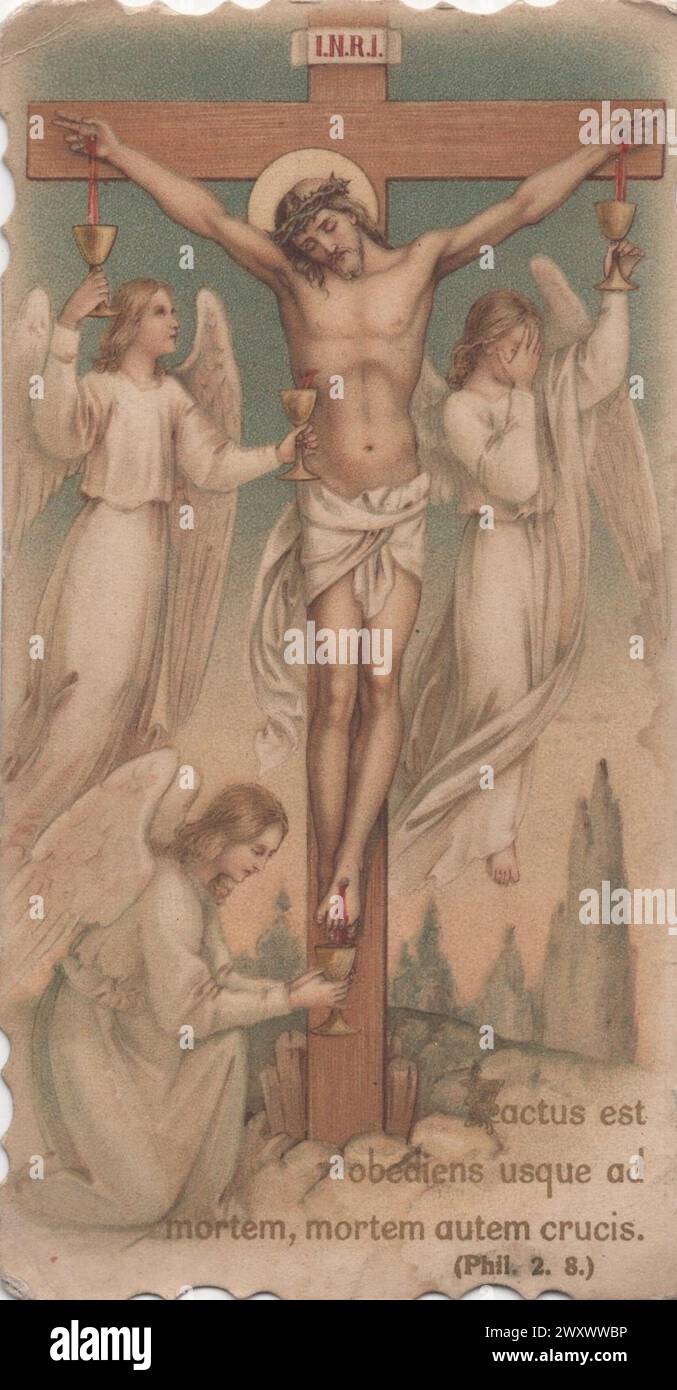 vintage holy card Crucifixion of Jesus with Angels 1900's .Additional-Rights-Clearences-Not Available. Stock Photo
