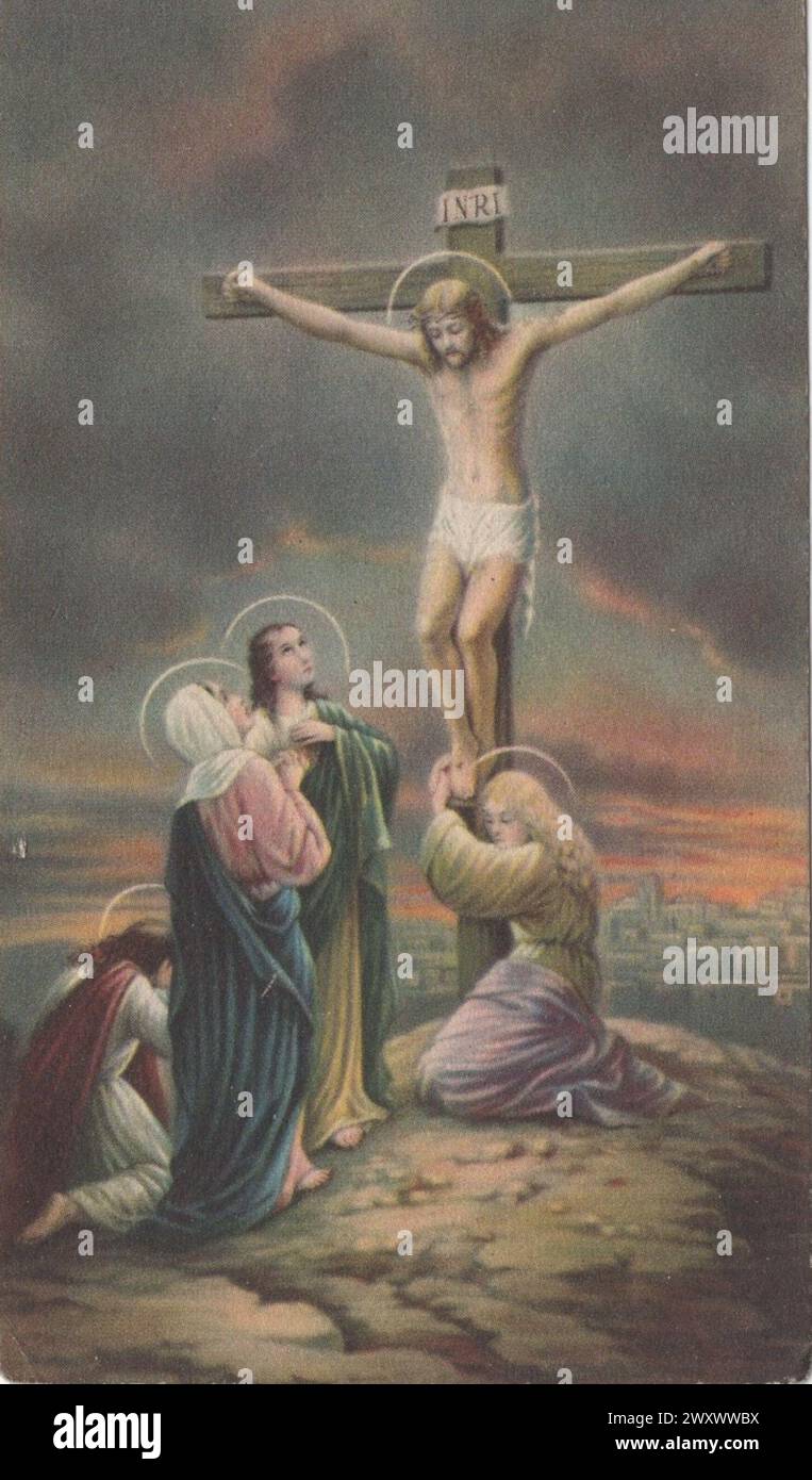 vintage holy card Crucifixion of Jesus Virgin Mary / Jesus Christ on the Cross with Mary Magdalene Kneeling and Weeping 1900's .Additional-Rights-Clearences-Not Available. Stock Photo