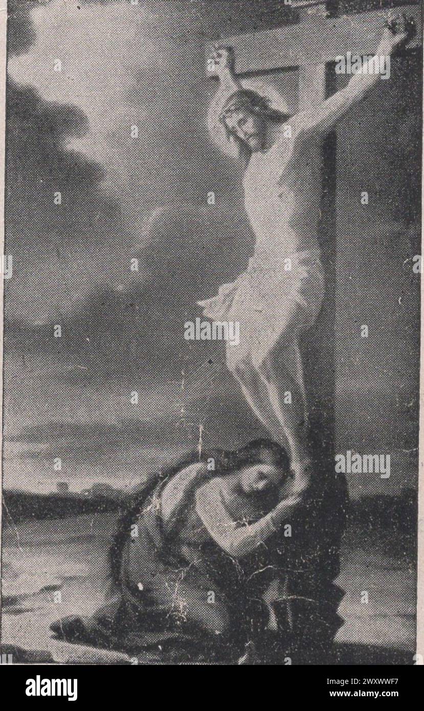 vintage holy card Crucifixion of Jesus Virgin Mary / Jesus Christ on the Cross with Mary Magdalene Kneeling and Weeping 1900's .Additional-Rights-Clearences-Not Available. Stock Photo