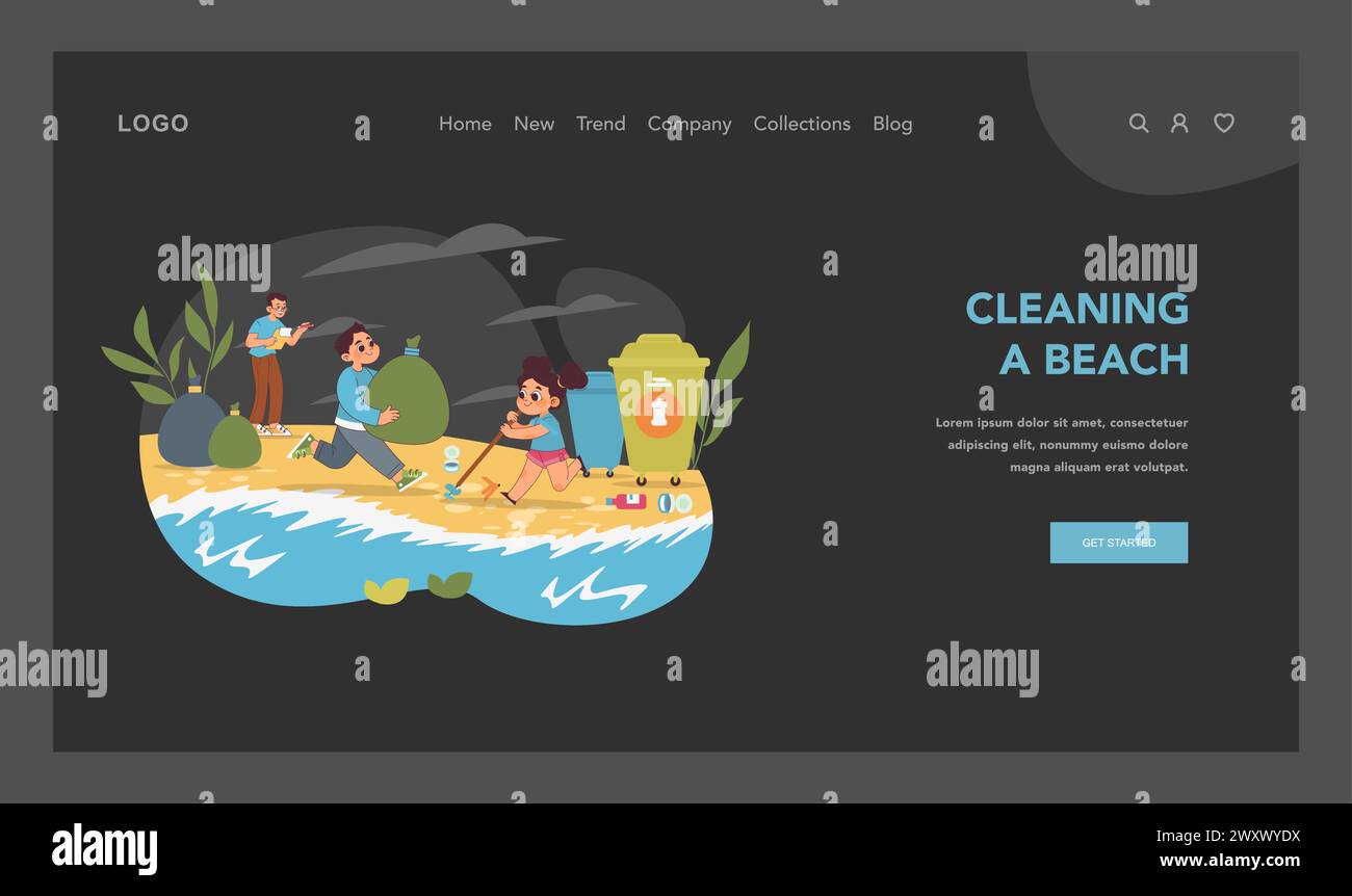 Coastal cleanup concept. Dynamic kids engage in beach cleaning