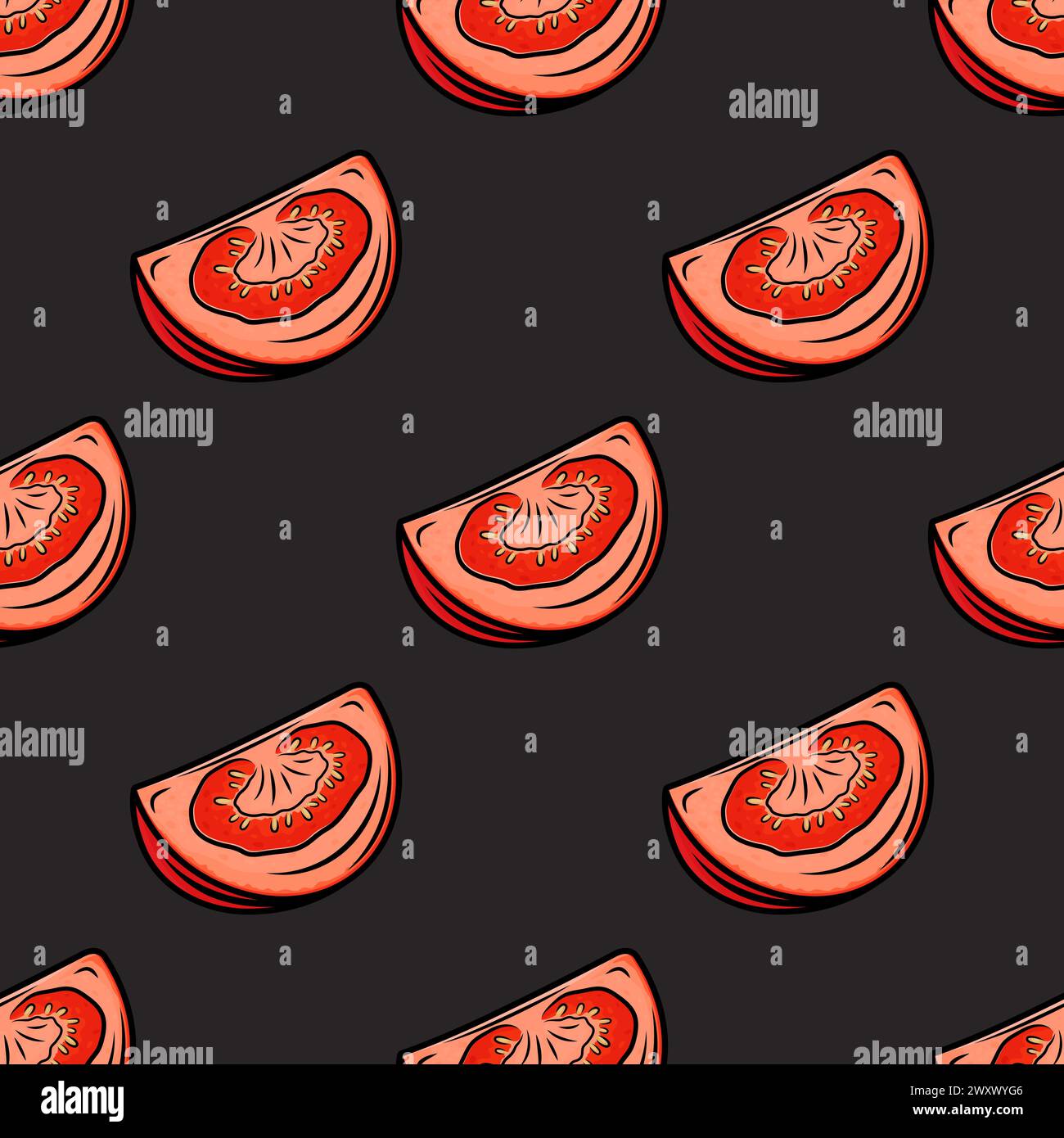 Flat Vector Seamless Pattern with Fresh Tomato on a Black Background. Seamless Vegetable Print with Whole Tomatoes Stock Vector