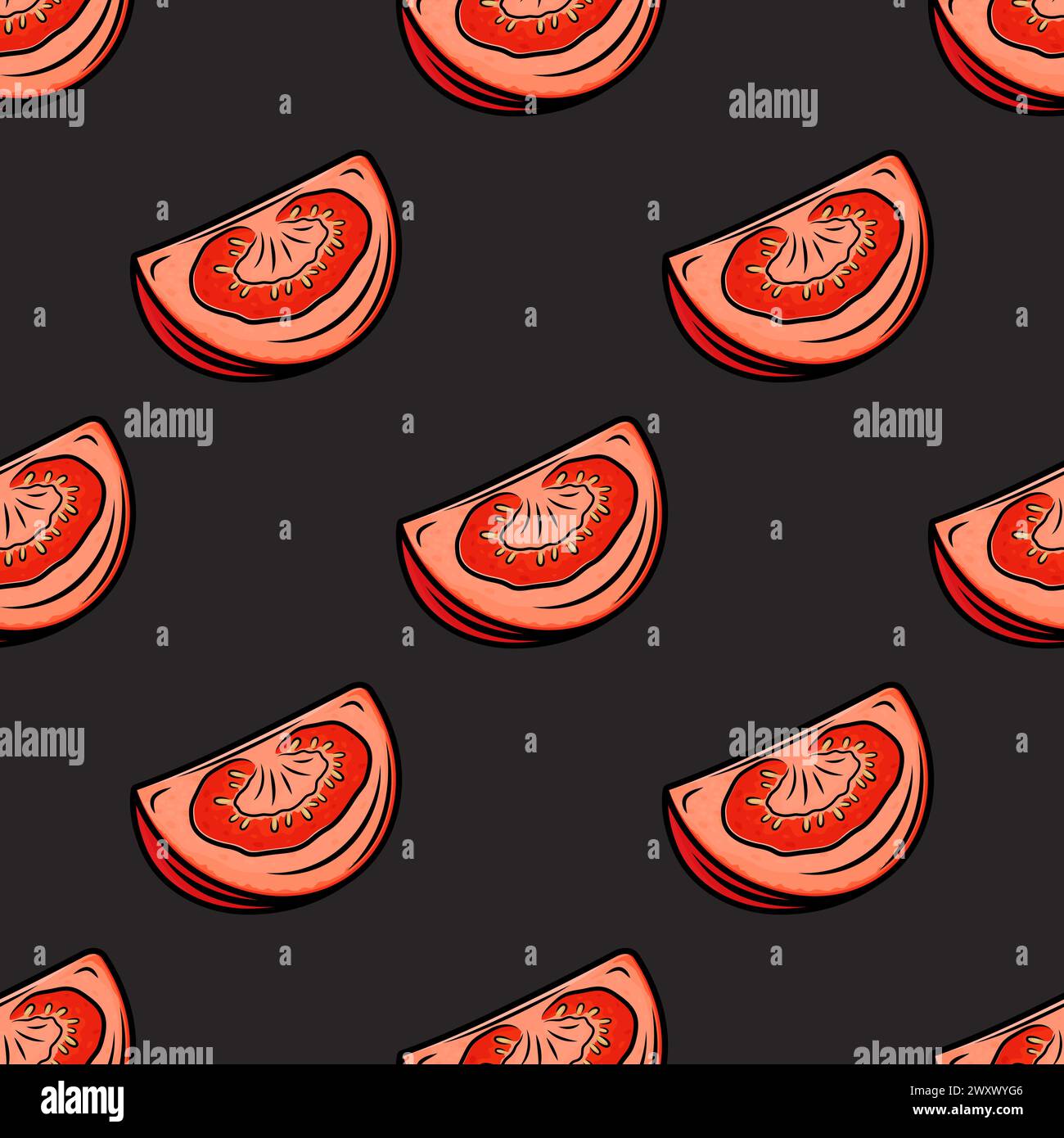 Flat Vector Seamless Pattern with Fresh Tomato on a Black Background ...