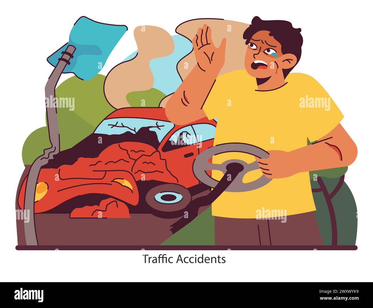 Road safety alert. A vivid illustration capturing the shock and dismay of a car accident, spotlighting the urgency of cautious driving. Flat vector illustration. Stock Vector