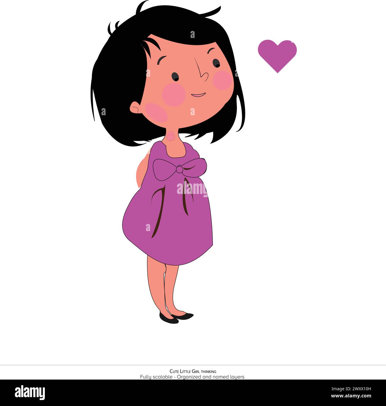 Adorable Little Girl Standing and Lost in Thought. Vector Illustration of a Cute Little Girl Standing and Thinking. Girl with heart Stock Vector