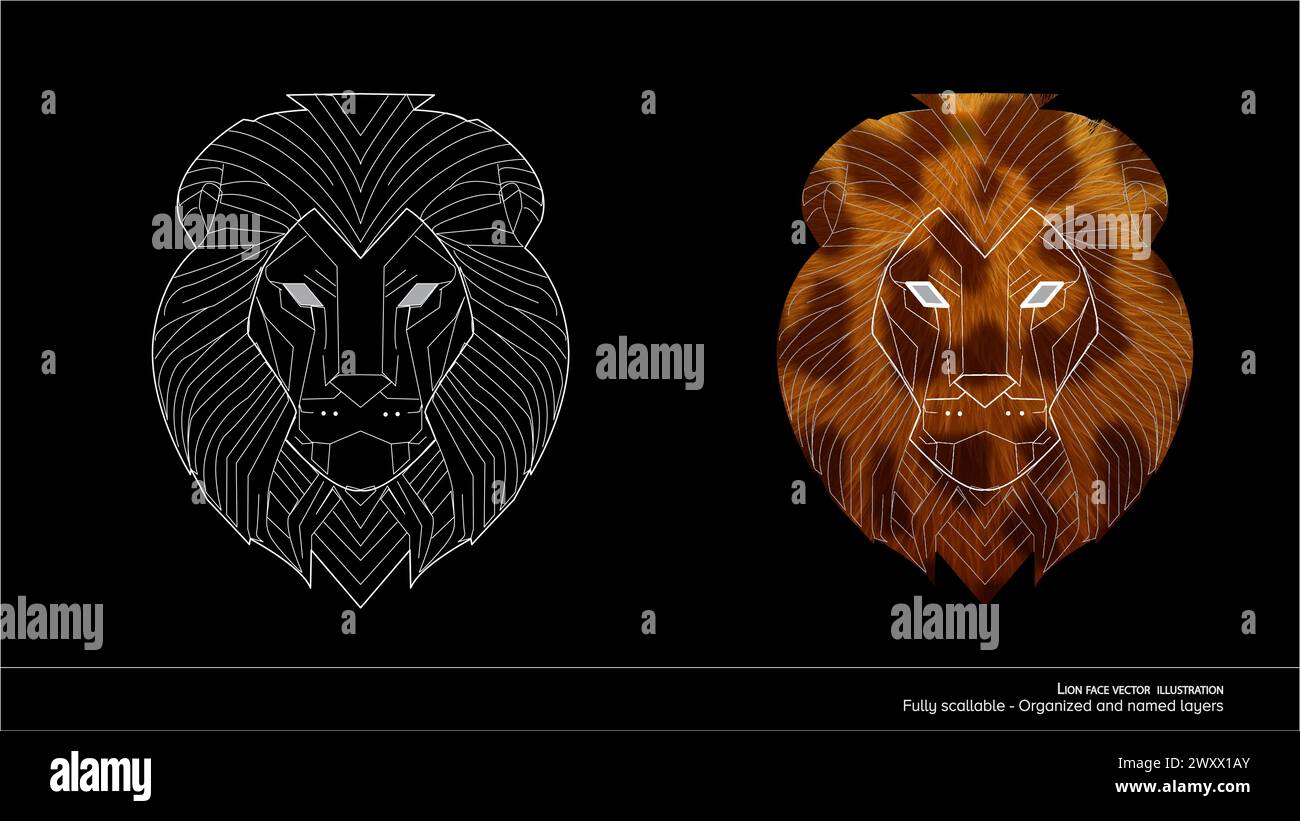 Lion Face Vector Illustration. line art style- Detailed illustration of lion face - organized and named layers. animation ready. Stock Vector