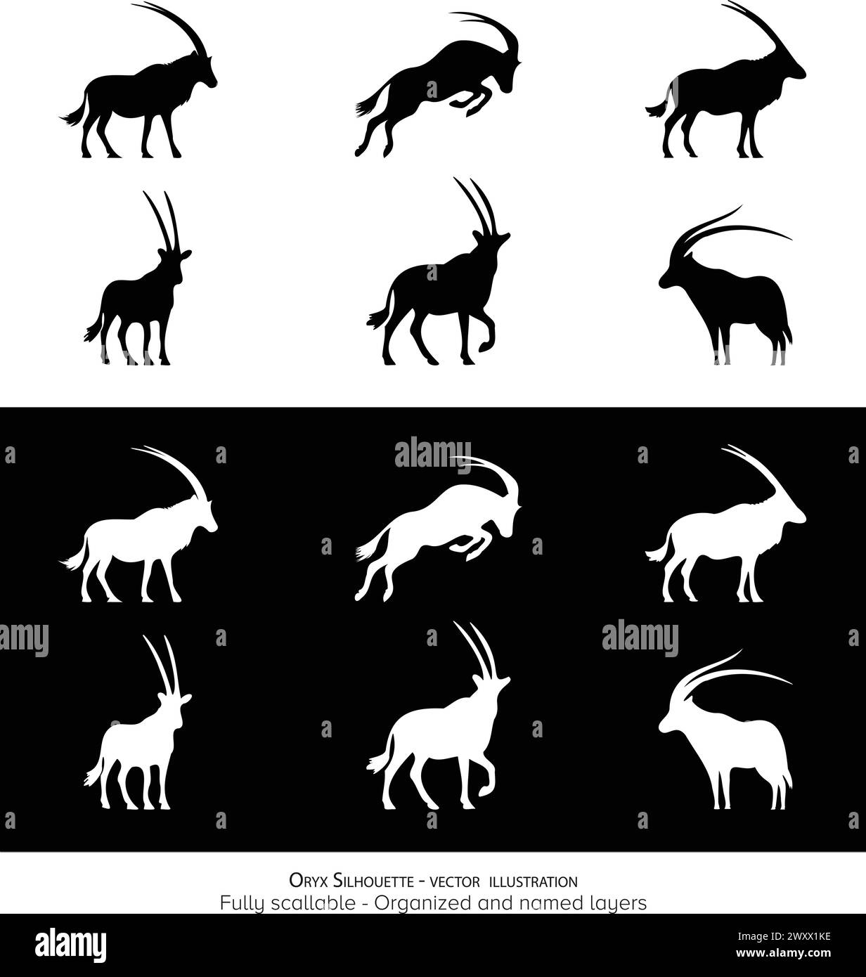 Iconic minimalistic Oryx Silhouette: National Animal pf Qatar, Namibia, Jordan, and Oman. Vector illustration. Stock Vector