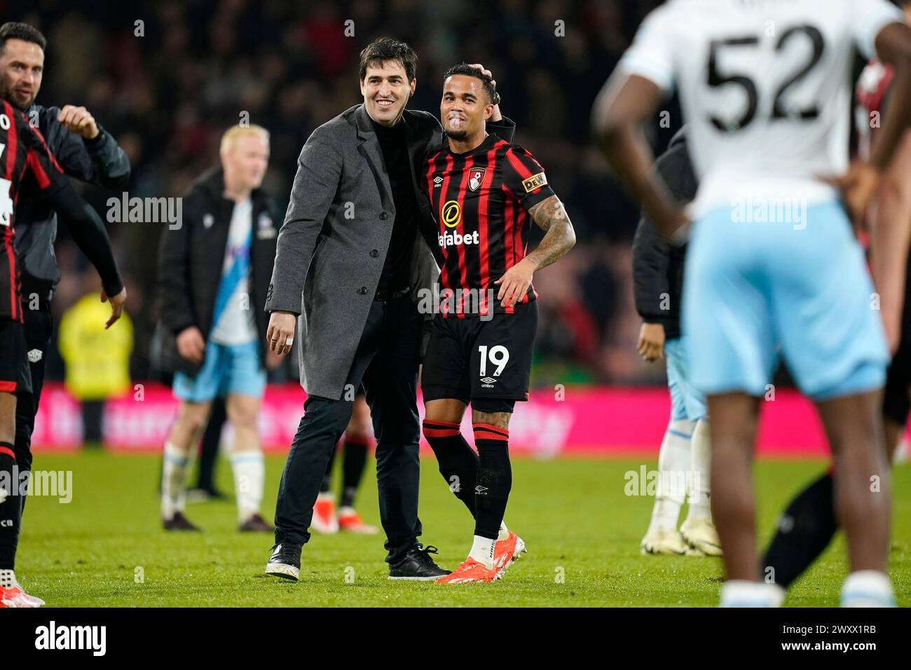 Bournemouth manager Andoni Iraola (left) with Bournemouth's Justin Kluivert following the Premier League match at the Vitality Stadium, Bournemouth. Picture date: Tuesday April 2, 2024. Stock Photo