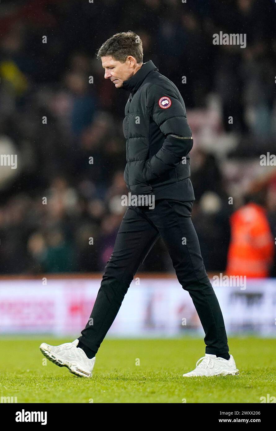 Crystal Palace manager Oliver Glasner reacts following the Premier League match at the Vitality Stadium, Bournemouth. Picture date: Tuesday April 2, 2024. Stock Photo