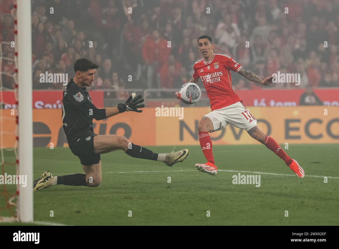 Lisbon, Portugal . 02nd Apr, 2024. Lisbon, Portugal, April 02nd 2024: Franco Israel (12 Sporting CP) and Di Maria (11 SL Benfica) in action during the Taça de Portugal 2nd leg semi-final game between - SL Benfica v Sporting CP - Estadio da Luz, Lisbon, Portugal (João Bravo/SPP) Credit: SPP Sport Press Photo. /Alamy Live News Stock Photo