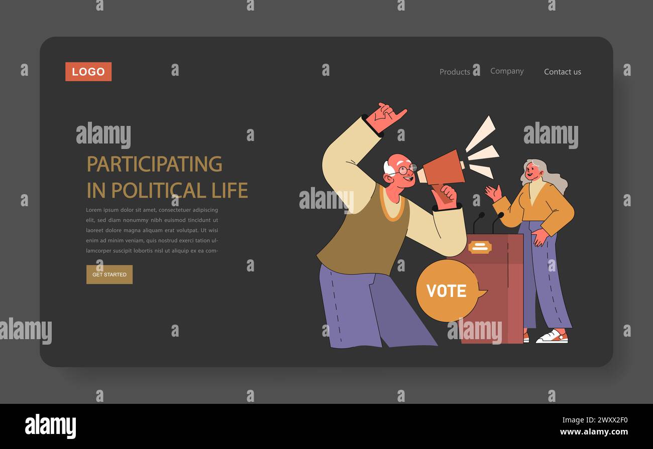 Participating in political life concept. Involved seniors expressing their voices, active in democracy with voting and advocacy. Emphasizing civic duty and rights in society. Stock Vector