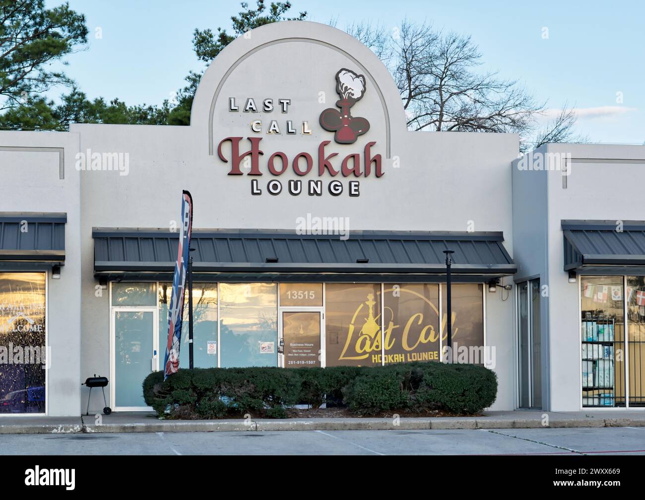 Houston, Texas USA 02-18-2024: Last Call hookah lounge bar restaurant storefront building exterior local business parking lot. Stock Photo