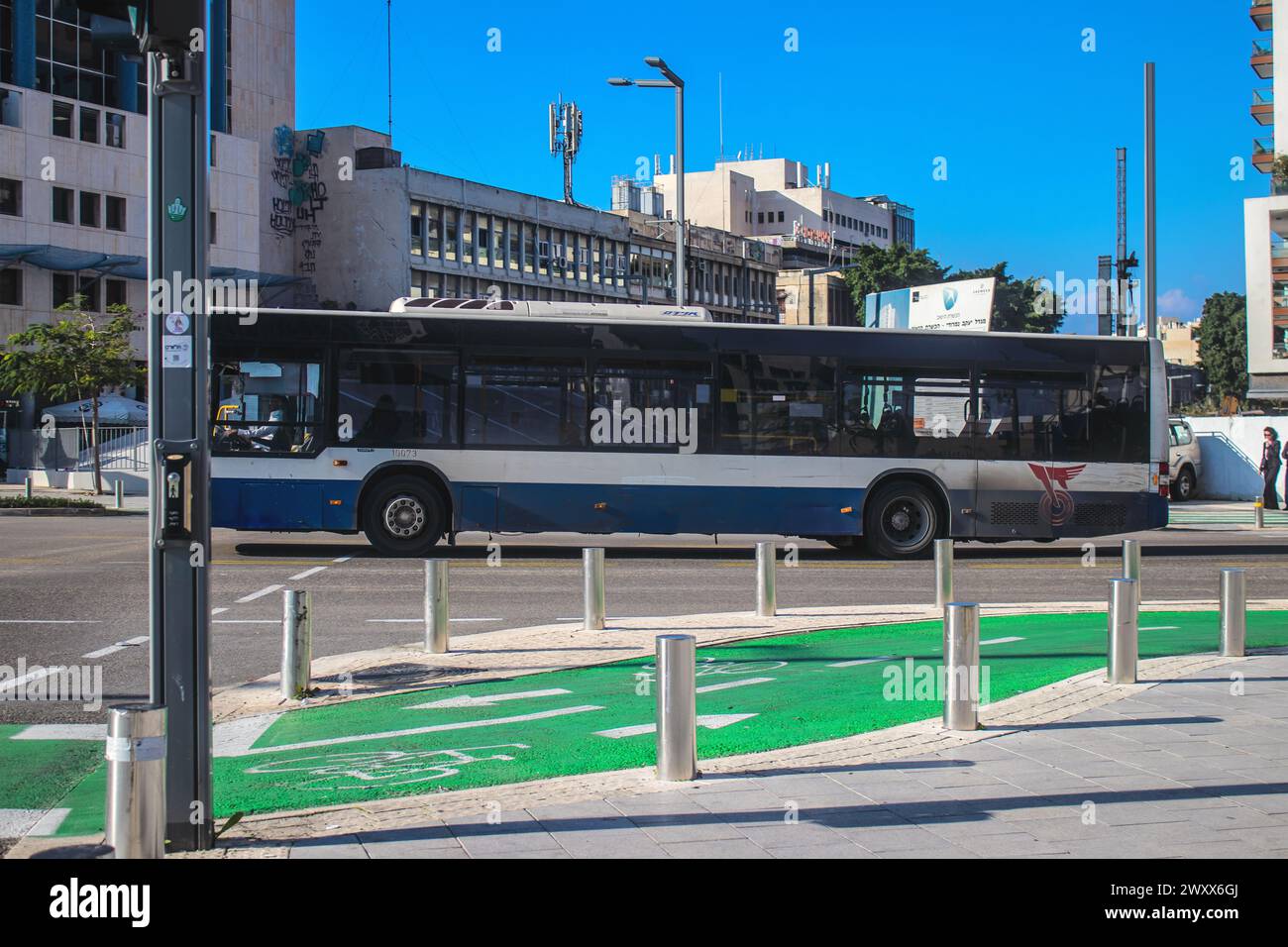 Tel Aviv, Israel - January 16, 2024 Local bus rolling in the downtown ...