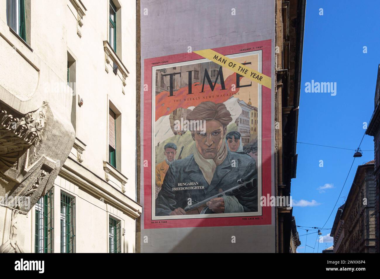 A mural depicting the 1957 Time Man of the Year cover with the Hungarian Freedom Fighter in Budapest Stock Photo