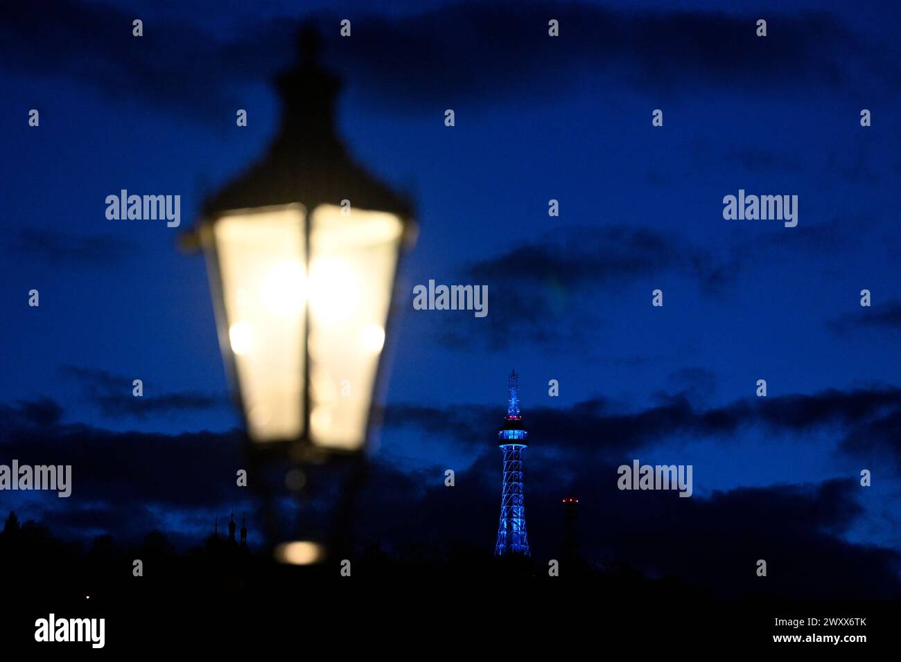 Prague, Czech Republic. 02nd Apr, 2024. The Petrin Tower is illuminated in blue light to mark the World Autism Awareness Day in Prague, Czech Republic, April 2, 2024. Credit: Katerina Sulova/CTK Photo/Alamy Live News Stock Photo