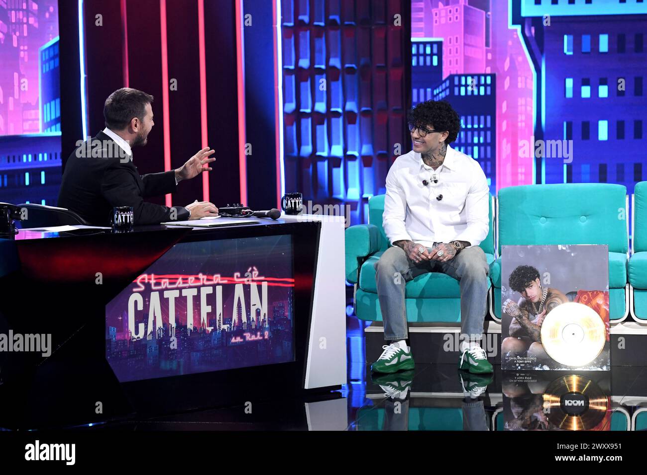 Milan, Italy. 02nd Apr, 2024. Milan, TV show “Stasera c'è Cattelan” - Rai 2 - Alessandro Cattelan, Tony Effe Credit: Independent Photo Agency/Alamy Live News Stock Photo