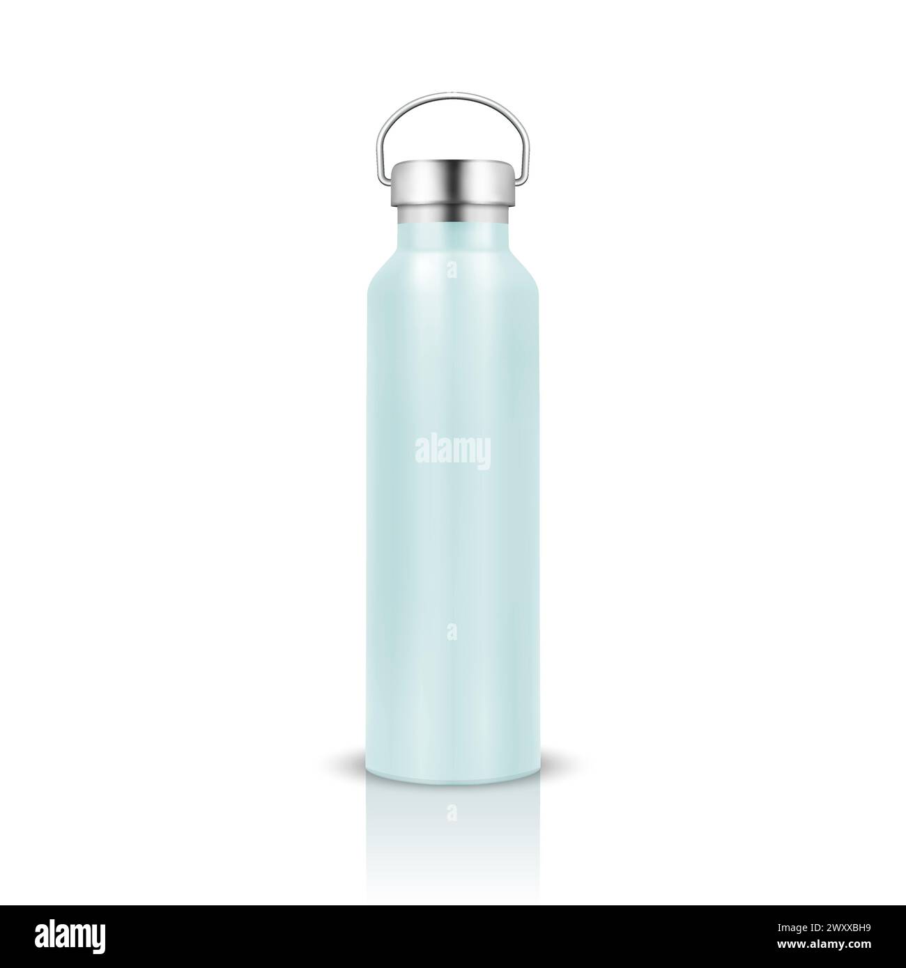 Vector Realistic 3d Blue Color Metal or Plastic Blank Glossy Reusable Water Bottle with Silver Bung Closeup Isolated on White Background. Design Stock Vector