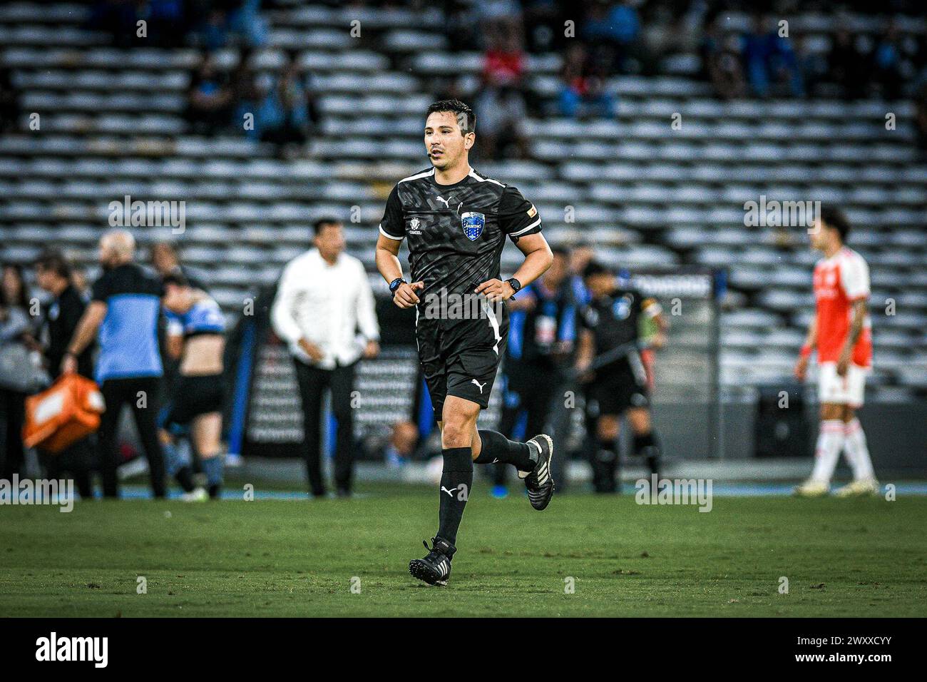 Cordova, Argentina, USA. 2nd Apr, 2024. CORDOBA (AR) 02/04/2024-FOOTBALL/MATCH/INTERNATIONAL-Referee Kevin Ortega, assisted by Michael Orue and Jesus Sanchez, during a match between Belgrano (ARG) and Internacional (BRA), valid for the first round of the group stage of the Copa Sulamericana 2024, held at the Mario Alberto Kempes Stadium, in Cordoba, Argentina, this Tuesday evening, April 2, 2024. (Credit Image: © Richard Ferrari/TheNEWS2 via ZUMA Press Wire) EDITORIAL USAGE ONLY! Not for Commercial USAGE! Stock Photo