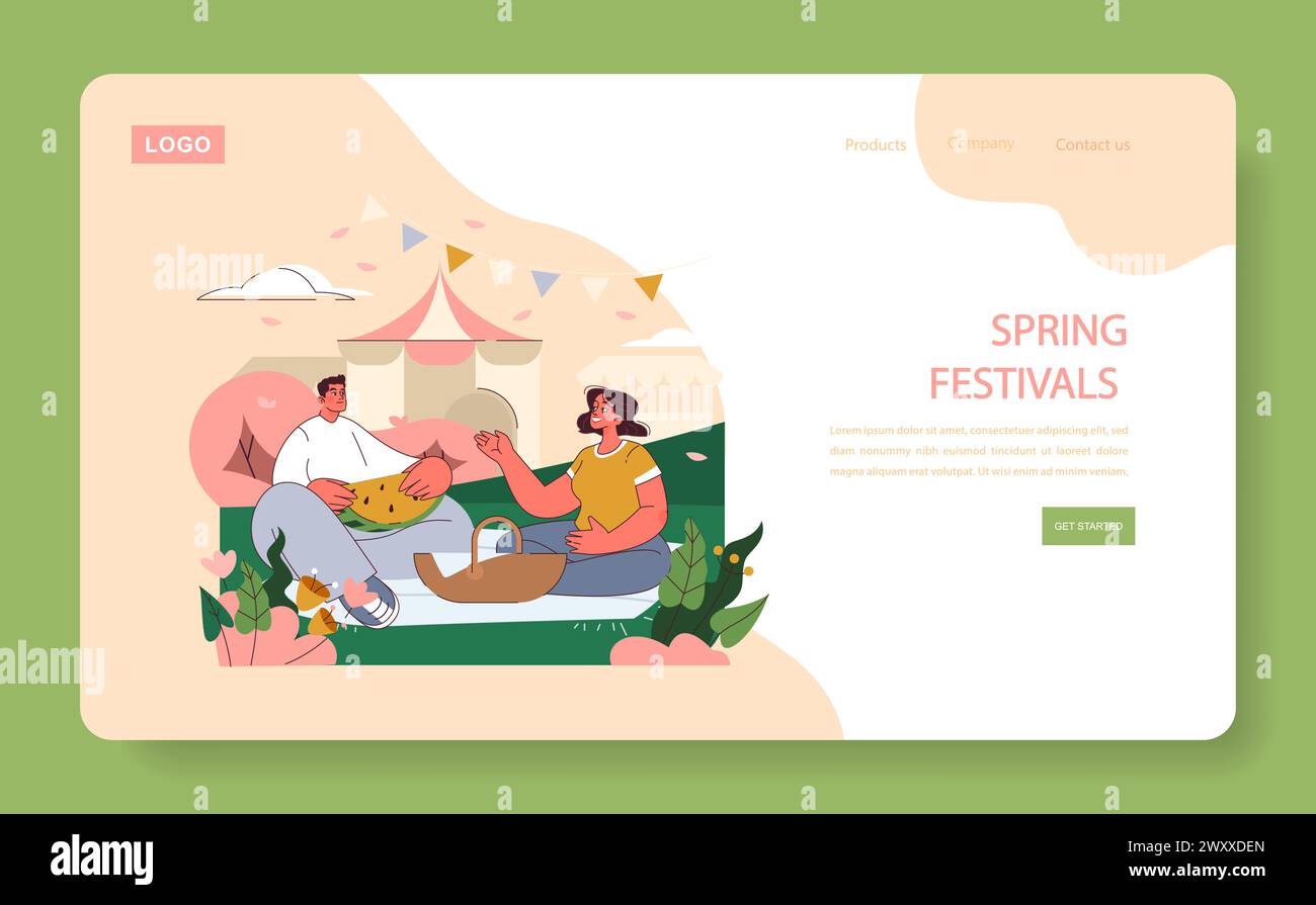 Spring Festivals concept. A couple enjoys a picnic, engaging in lively conversation under the festive tented pavilions. Stock Vector