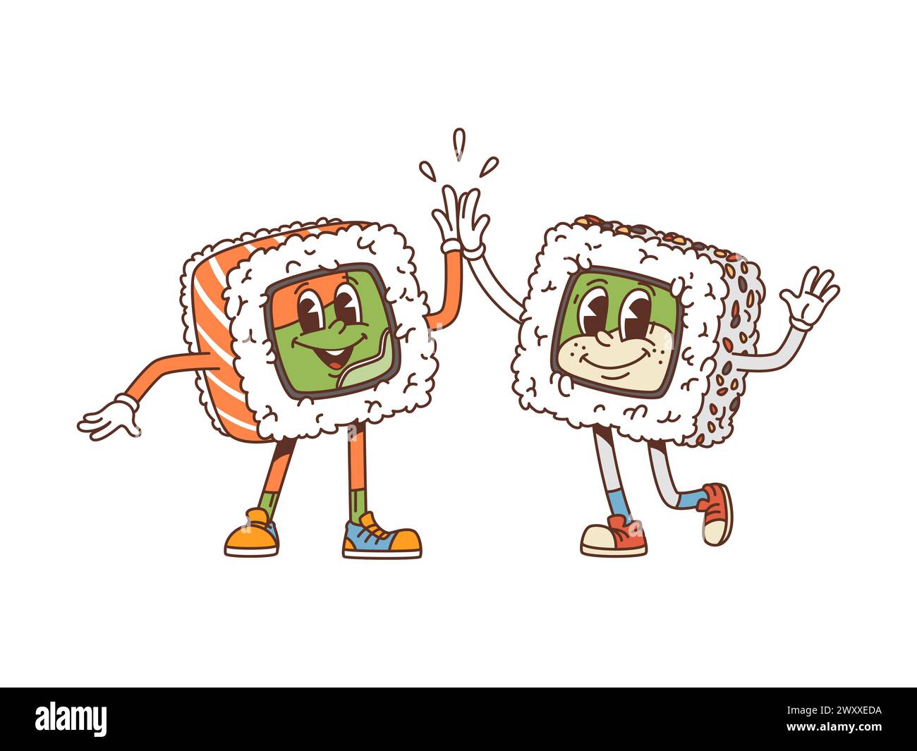 Cartoon japanese rolls couple groovy characters gleefully give each