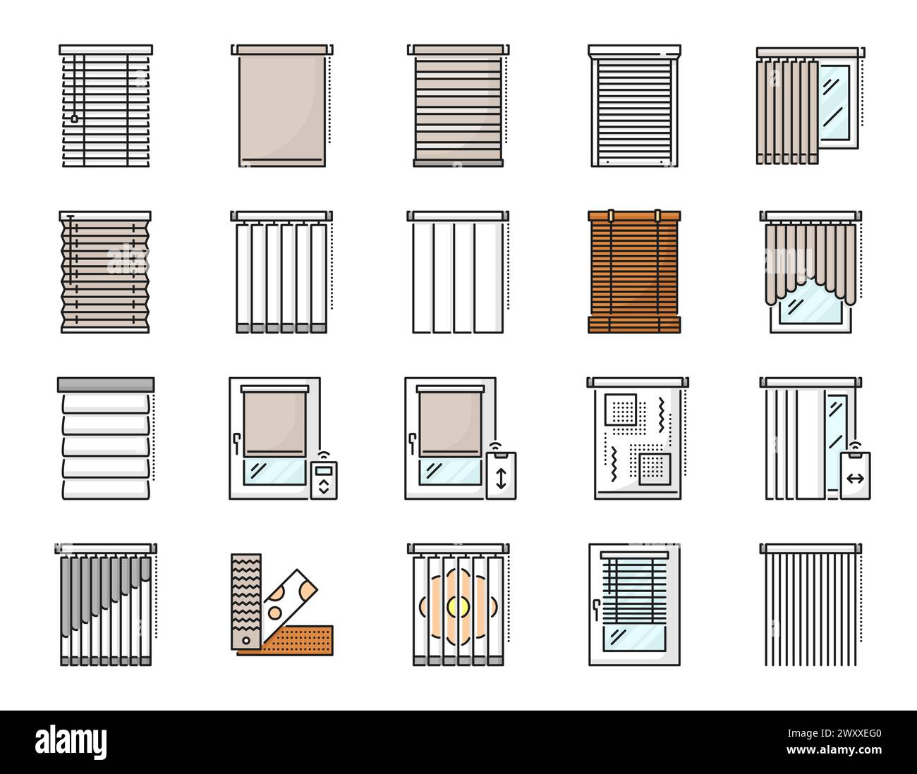 Window blind, curtain and jalousie icons, vector thin line shades and shutters. Outline roller, roman, venetian, pleated, panel and vertical shades. Window treatments set, home and office interior Stock Vector
