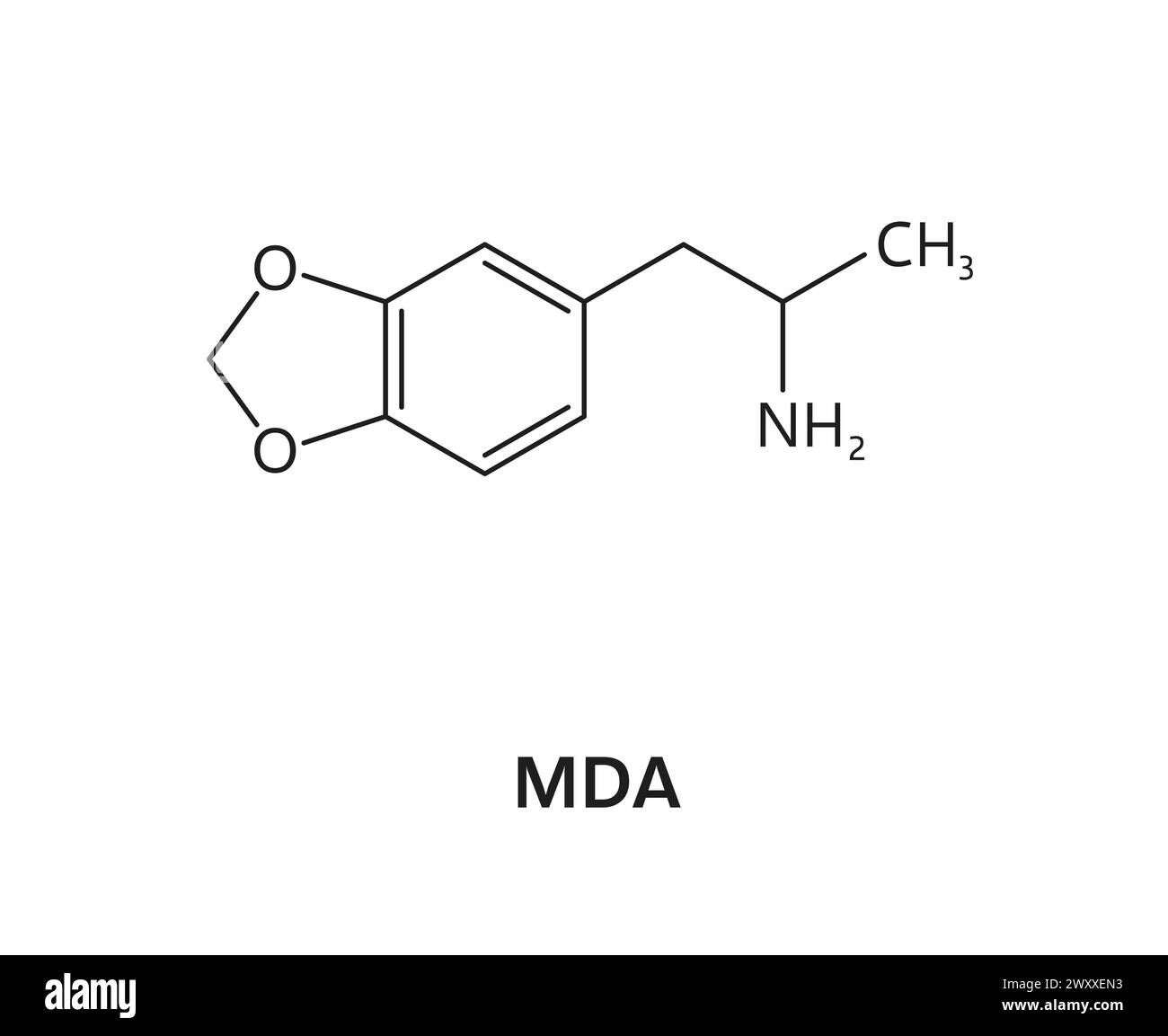 Organic drug formula, synthetic MDA molecule structure. Synthetic drug biomolecule compound, addictive narcotic biochemical model or illegal MDA substance molecule vector scheme Stock Vector