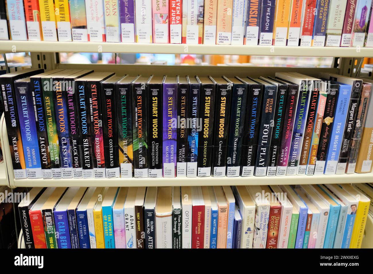 Library bookshelf with mystery novels by American writer Stuart Woods; police detective Stone Barrington Series of books on public library shelf. Stock Photo