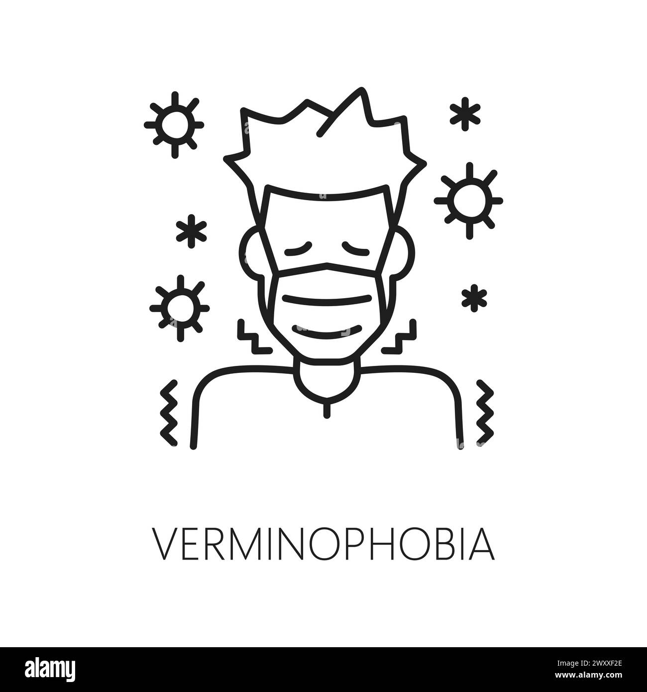 Human verminophobia phobia icon, mental health. Mental disorder, fear of germs and contamination problem thin line vector symbol, linear icon with man in mask frightened of microbes and viruses Stock Vector