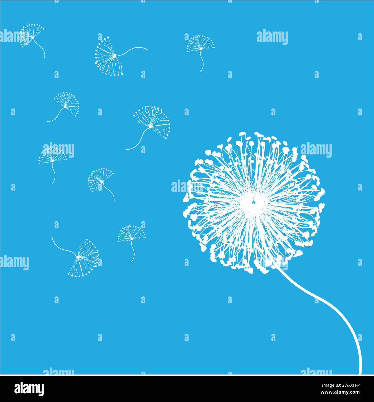 A close-up of a dandelion seed head with its white, fluffy seeds blowing away on a bright blue sky background. Stock Vector
