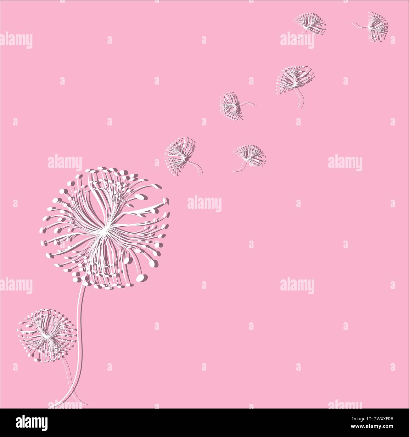A close-up of a white dandelion puff against a soft pink background. Stock Vector