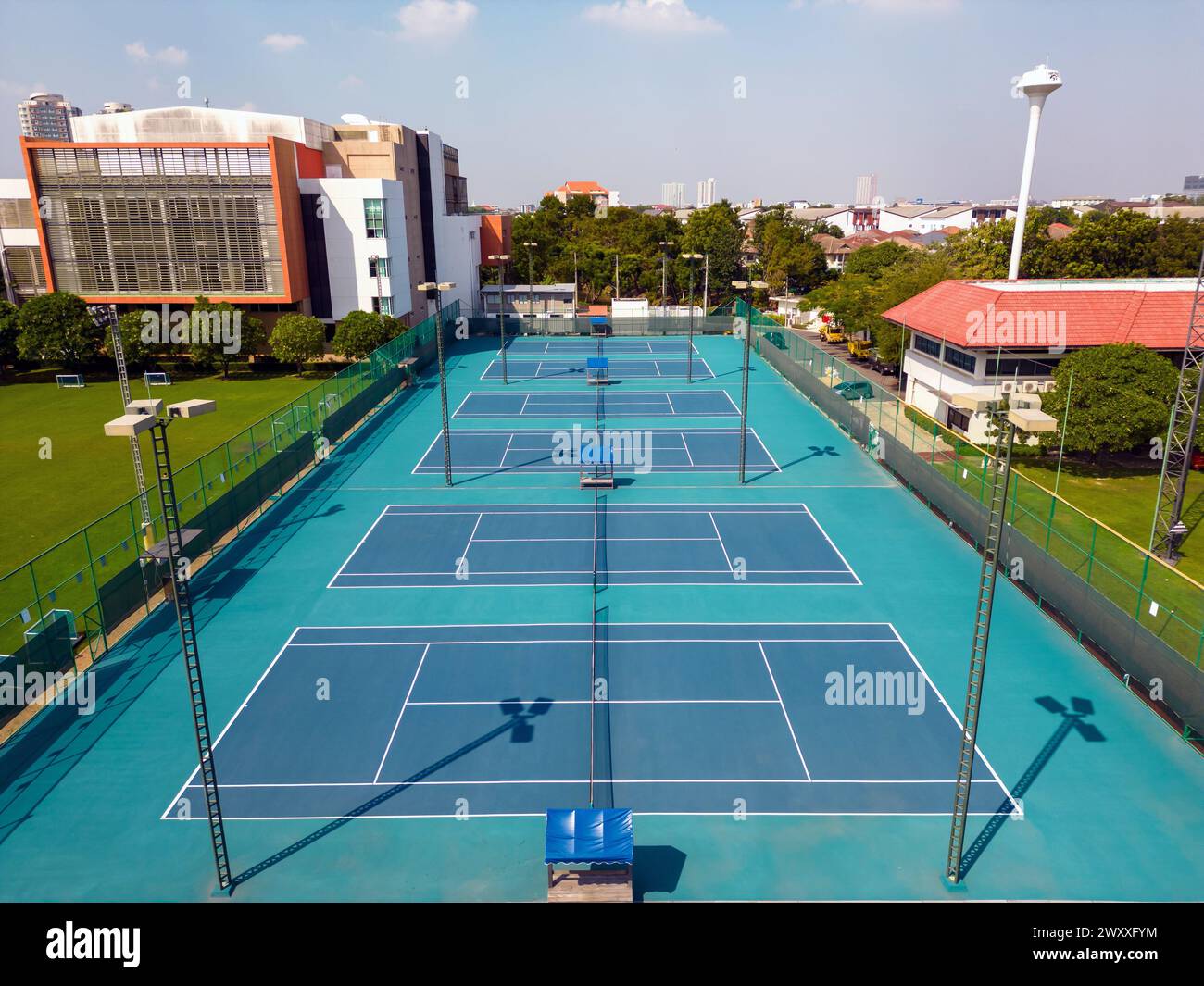 Bangkok, Thailand - December 15, 2023: Aerial view of International School Bangkok tennis court located in Bangkok, Thailand. Stock Photo