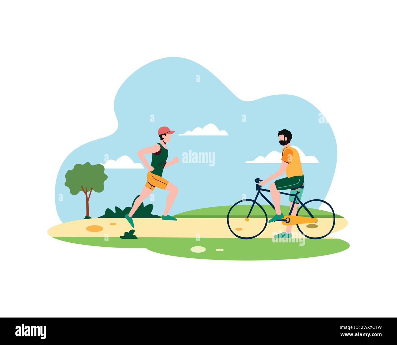 People jogging and ride a bicycle in the park scene. Healthy lifestyle concept. Sport and leisure activities in public space vector illustration desig Stock Vector