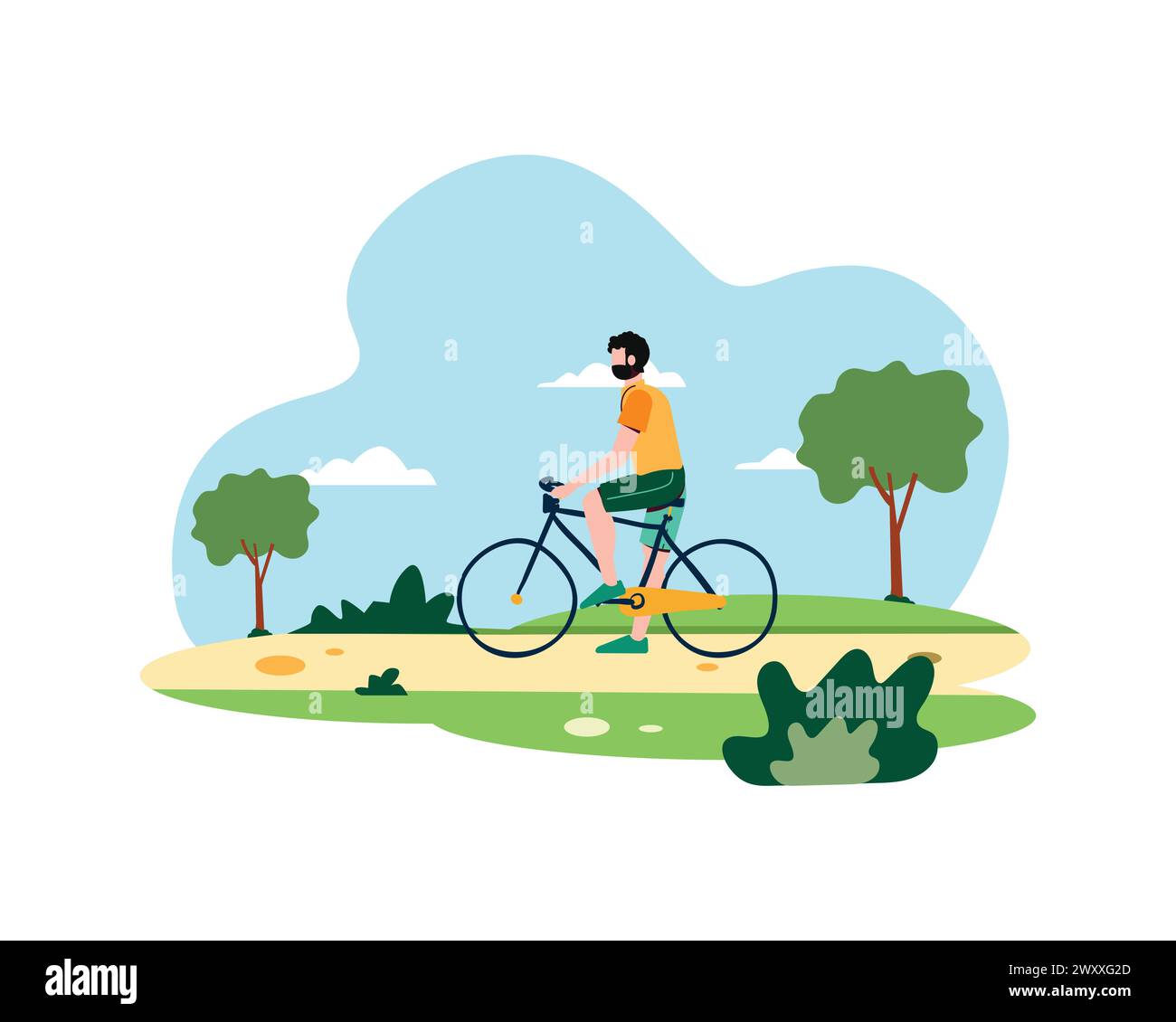 Young man with bicycle in the park vector illustration. Flat style Active people for sport and recreation concept design Stock Vector