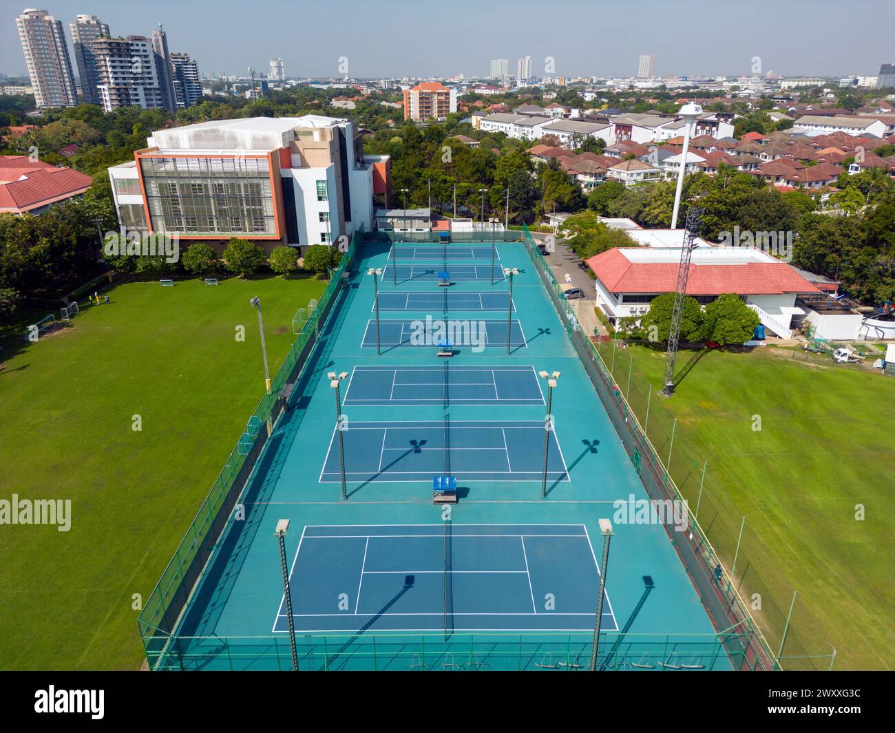 Bangkok, Thailand - December 15, 2023: Aerial view of International School Bangkok tennis court located in Bangkok, Thailand. Stock Photo