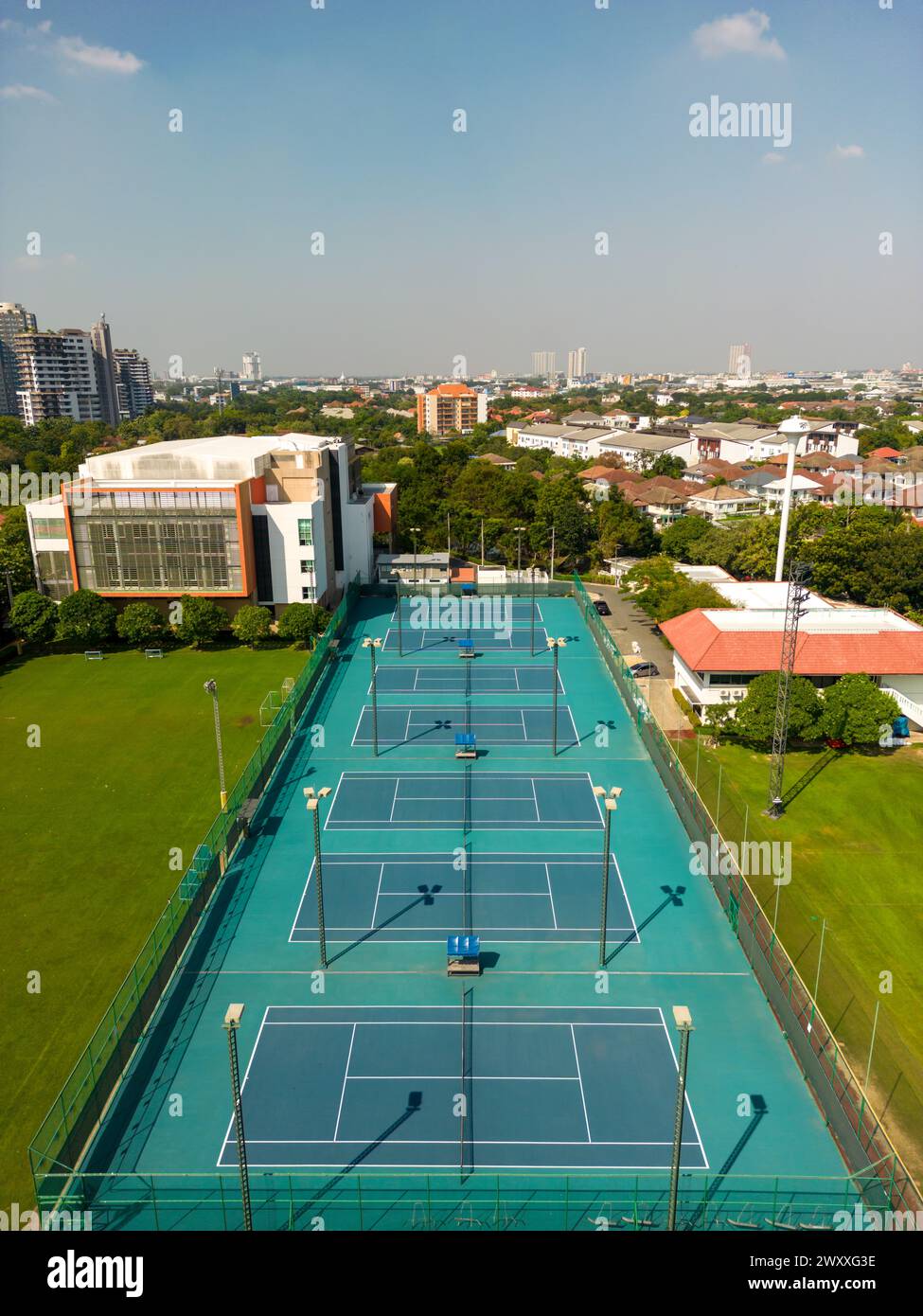 Bangkok, Thailand - December 15, 2023: Aerial view of International School Bangkok tennis court located in Bangkok, Thailand. Stock Photo