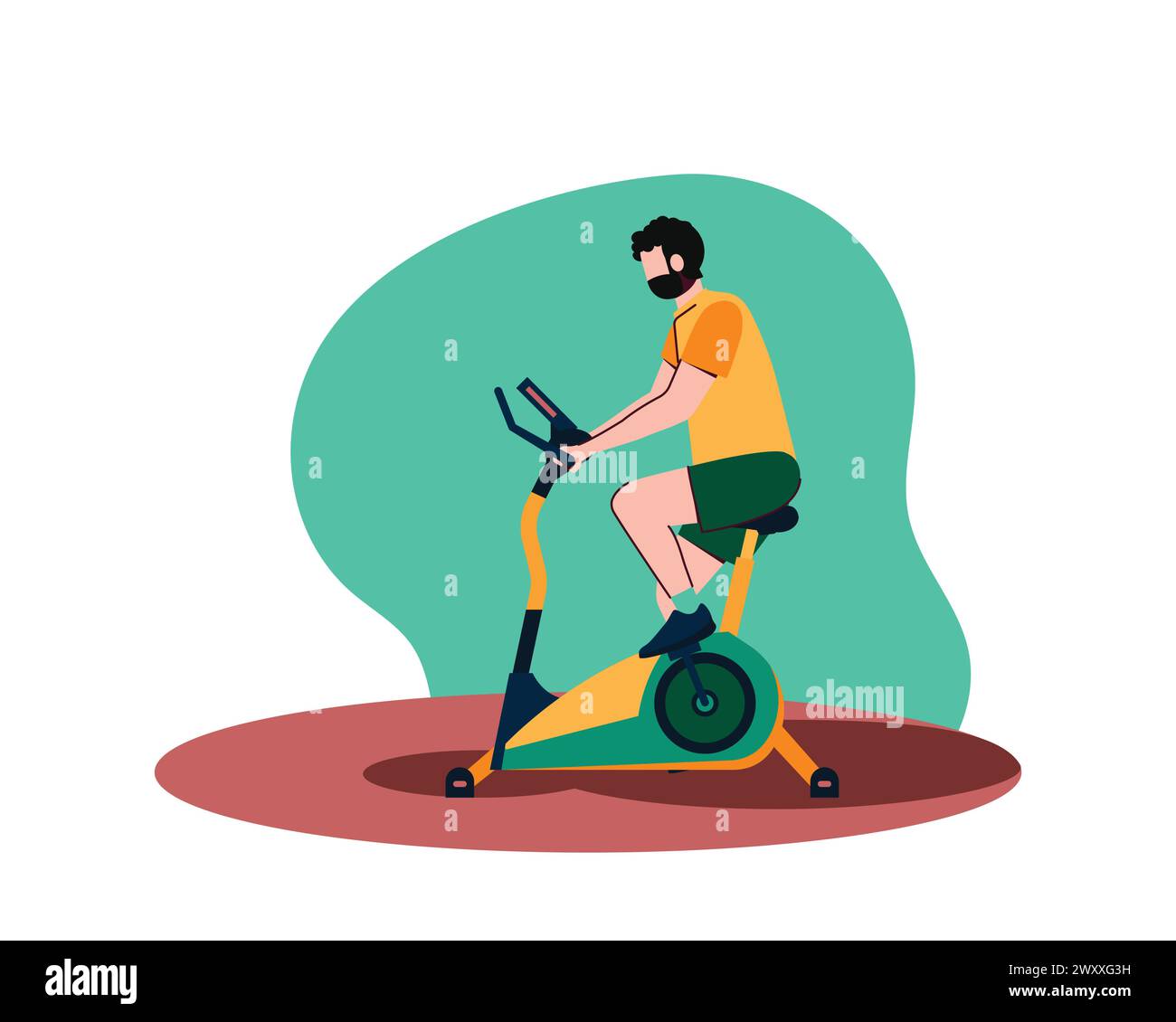 Man doing sport exercises using static bike. Vector illustration for sport and leisure activity Stock Vector