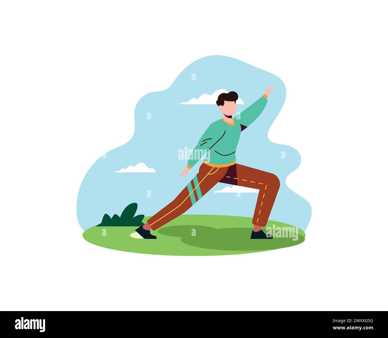 young man practicing yoga in the park. Physical and spiritual practice. Vector illustration in flat cartoon style. Stock Vector