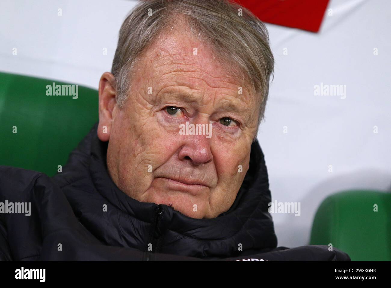 Wroclaw, Poland - March 26, 2024: Icelandic manager Age Fridtjof Hareide looks on during the UEFA EURO 2024 Play-off game Ukraine v Iceland at Tarczynski Arena in Wroclaw, Poland Stock Photo