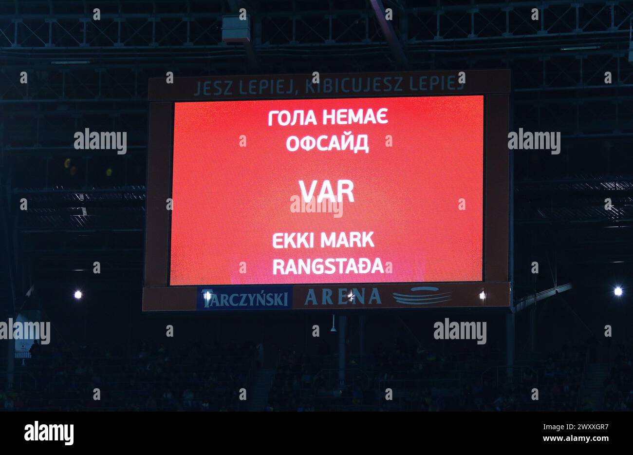 Wroclaw, Poland - March 26, 2024: Message of VAR goal cancelled (on Ukrainian and Icelandic) seen on electronic scoreboard of Tarczynski Arena during the UEFA EURO 2024 Play-off game Ukraine v Iceland Stock Photo