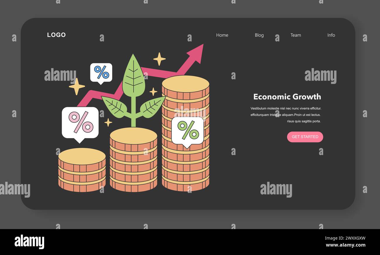 Economic Growth concept. Prosperity visualized with rising graphs, growing plants, and stacked coins. Financial success and investment returns. Flat vector illustration. Stock Vector