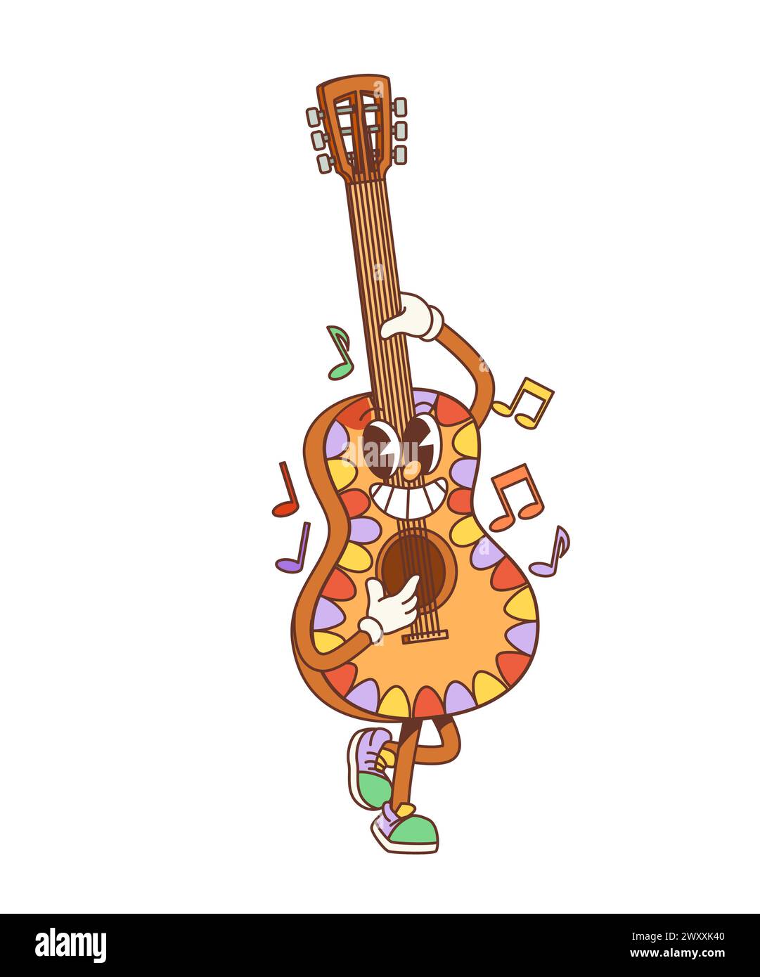 Retro cartoon groovy guitar character. Isolated vector funky guitarron personage with psychedelic pattern and musical notes, exudes 70s vibes with a cool, laid-back attitude and vibrant musical energy Stock Vector