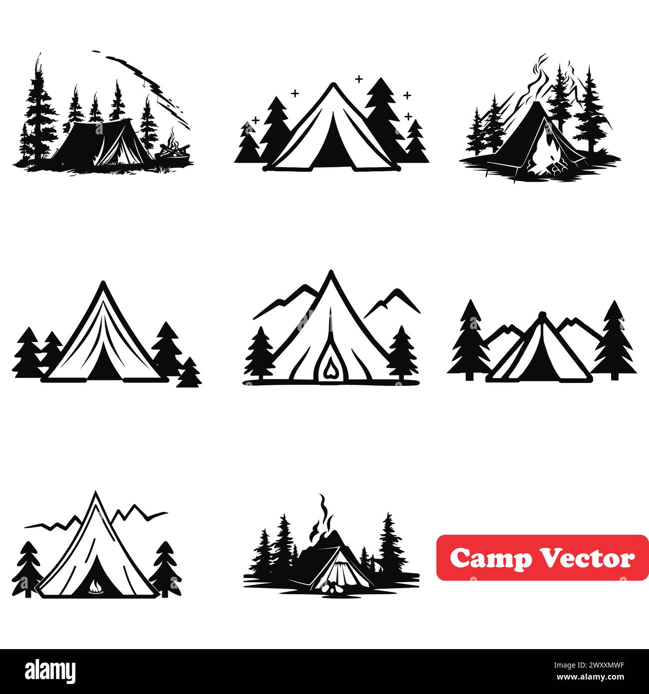 Trailblazing Adventures Diverse Camping Vector Silhouette Collection 