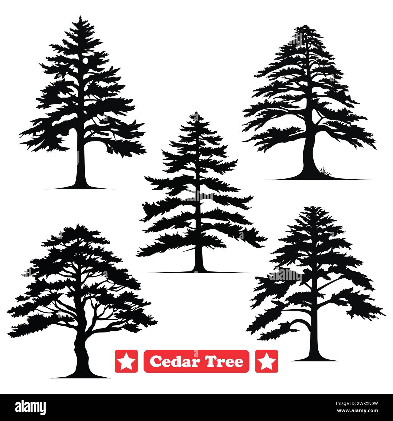 Cedar Tree Silhouette Set Crafting Tranquil Landscapes with Ease Stock ...