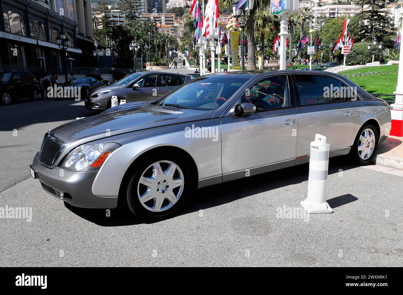 Luxury car Maybach at the Casino, Monte Carlo, A silver limousine is parked in an urban environment in daylight, Monte Carlo, Principality of Monaco Stock Photo