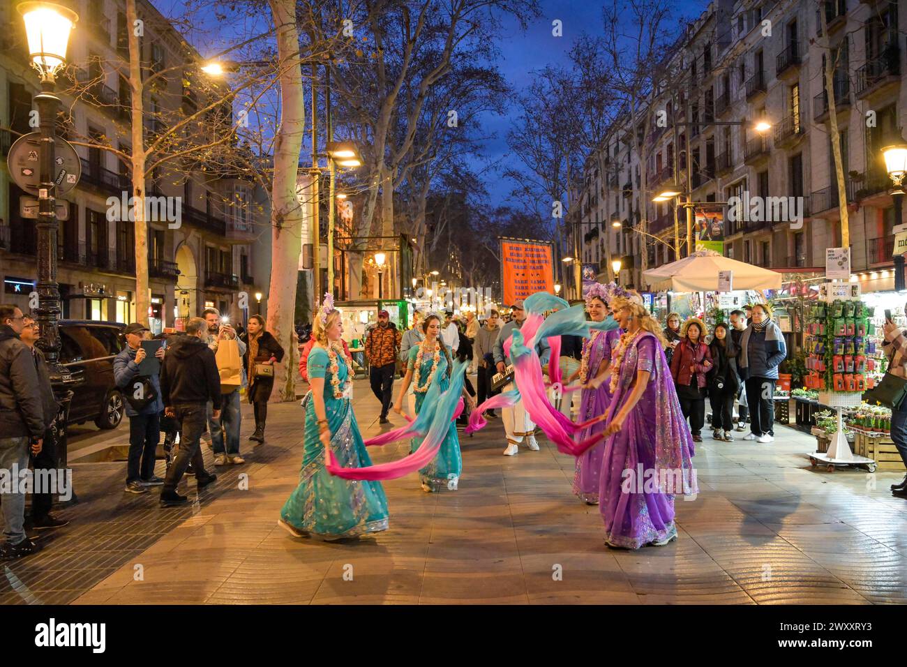 Hare Krishna dance group, La Rambla, Barcelona, Catalonia, Spain Stock Photo