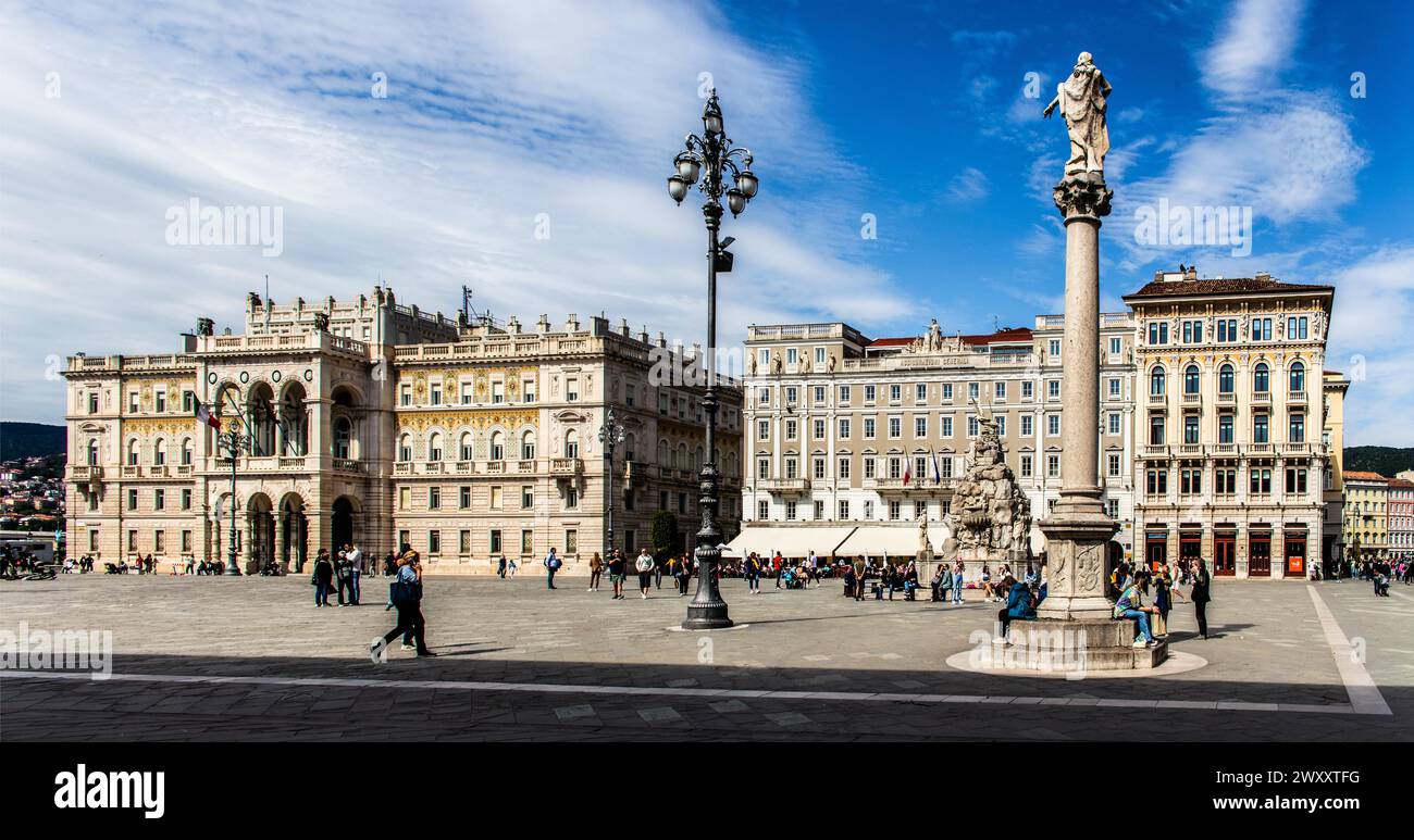 Piazza Unita d'Italia in the heart of the city, surrounded on three sides by magnificent neoclassical buildings, Trieste, harbour city on the Stock Photo
